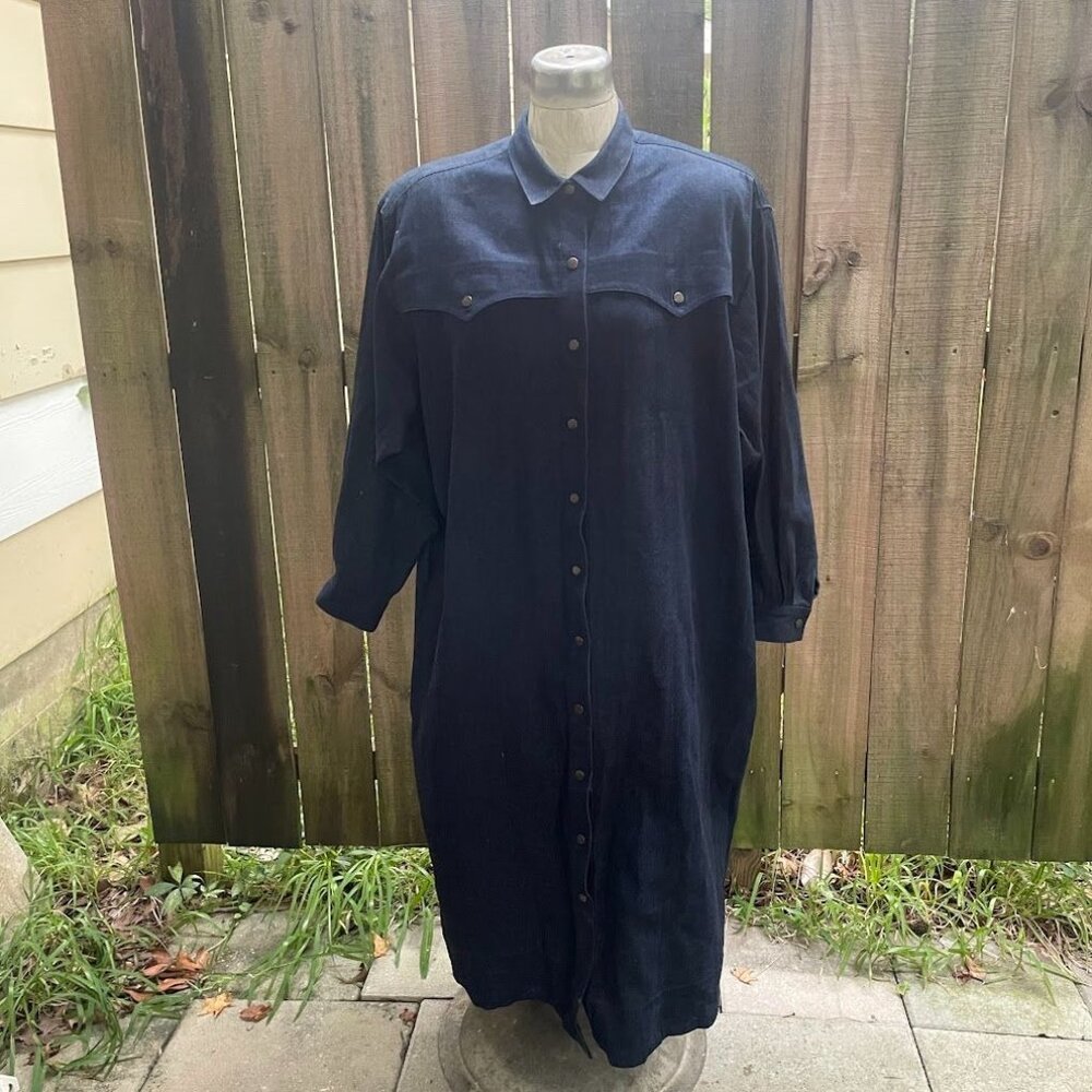 Vintage 80s ALAIN TOUISSAINT Modest Western DENIM Snap Front Shirt Dress 38